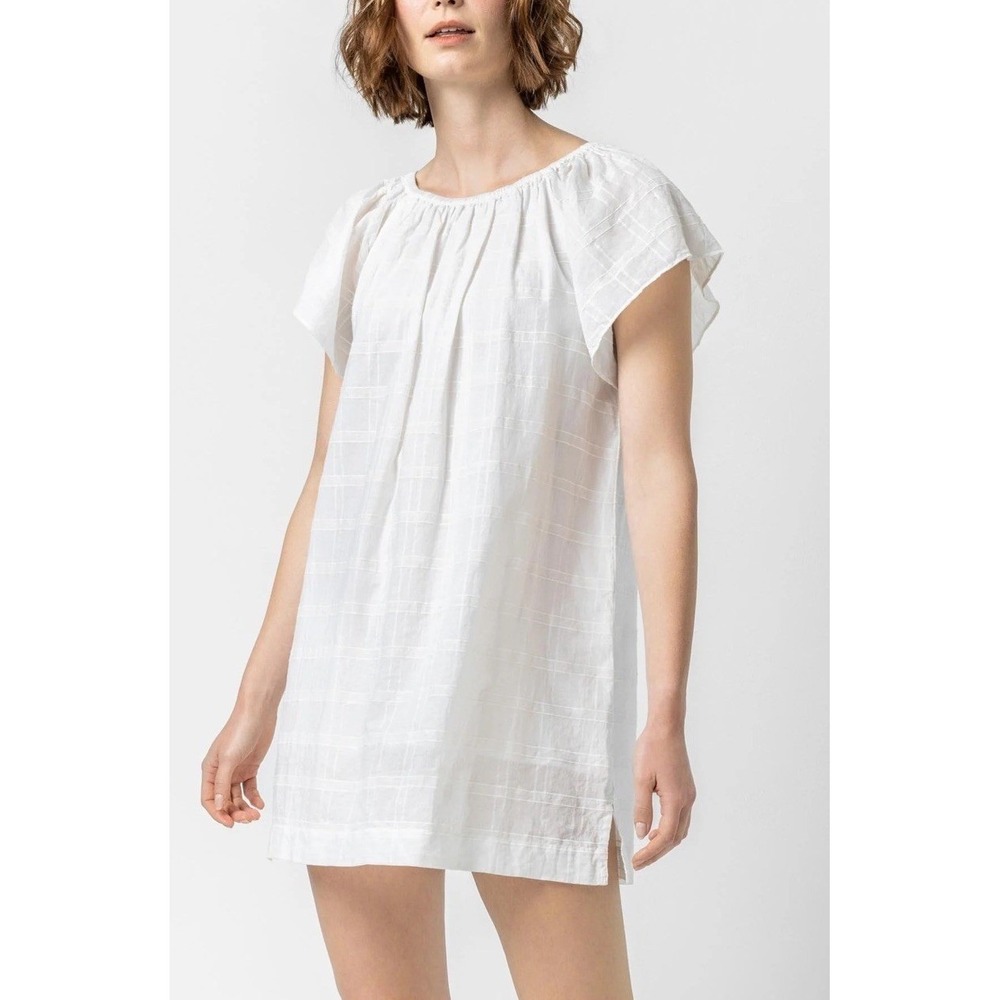 Lilla P White Cotton Gauze Flutter Sleeve Mini Dress Tunic Plaid Texture Small